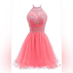 Pink/Coral Beaded Halter Prom/Homecoming Dress
